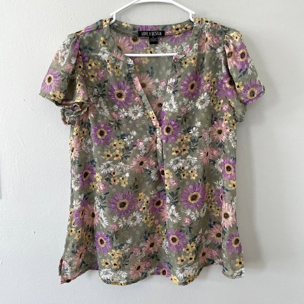 Love X Design purple green lightweight floral summer top sheer shirt size M